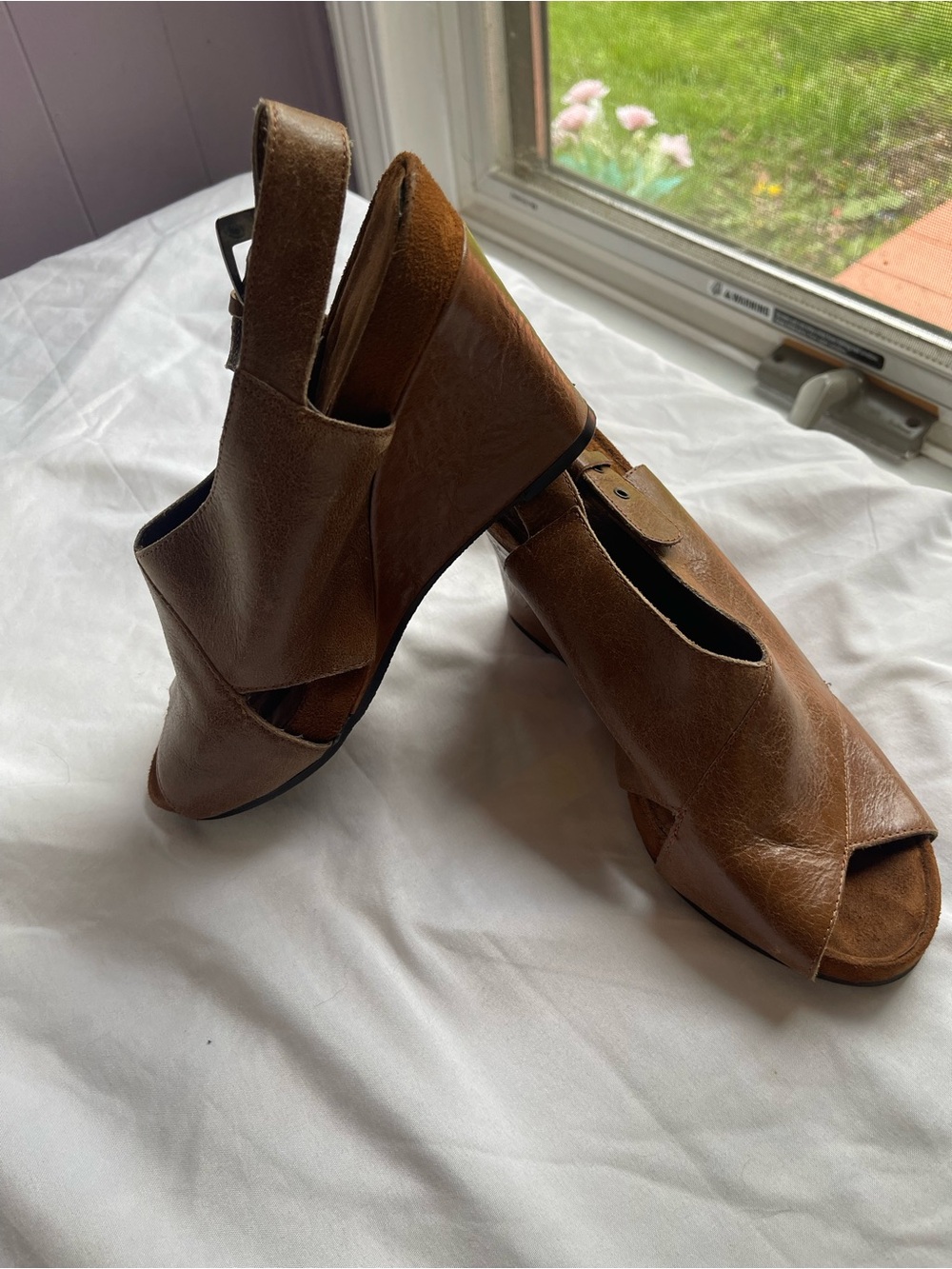 Frye Chestnut Brown Leather Peep-Toe Wedge Sandals